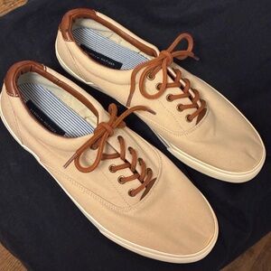 Tommy Hilfiger Brown Leather and Tan Canvas Boat Shoe Style Sneakers Sz 13